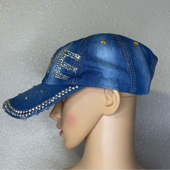 Magid Rhinestone Distressed Denim Love Ball Cap Hat Red and Silver Rhinestones - Picture 2 of 10